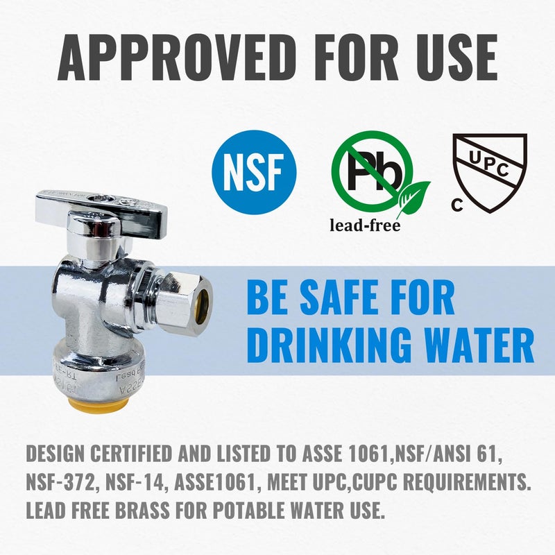 SUNGATOR 2-Pack Angle Stop Valve, Angle Water Shut Off Valve 1/2 x 3/8 Inch Compression, Toilet Water Shutoff, 1/4 Turn, No Lead Brass Push-to-Connect Plumbing Fittings for PEX Pipe, Copper, CPVC - Image 2